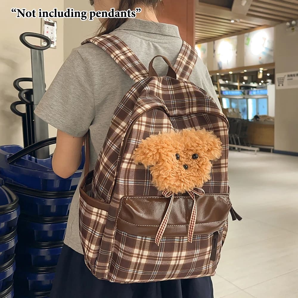 Zaino vintage a quadri, borsa da scuola casual con tasca in ecopelle e cinghie regolabili per ragazze adolescenti