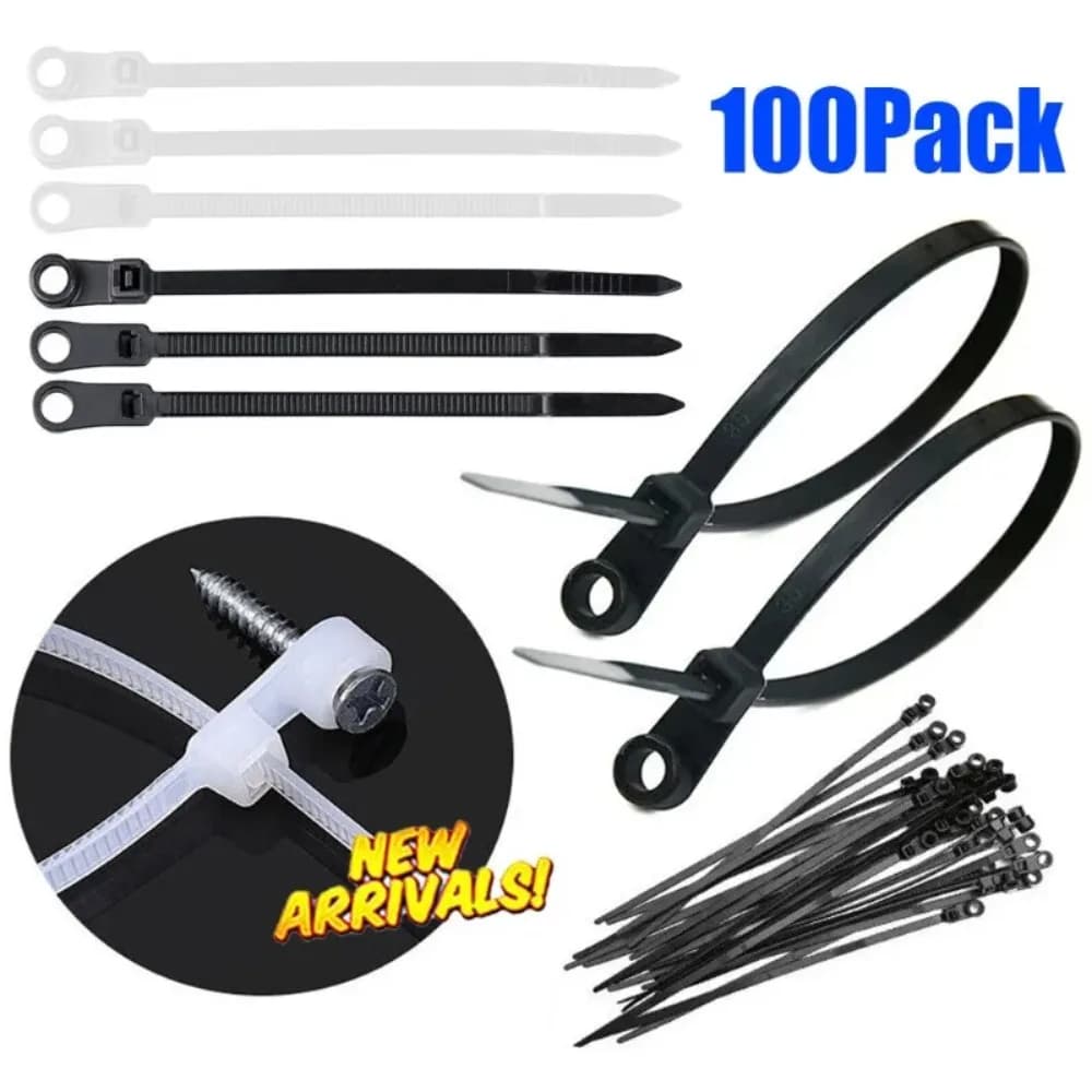 100 Fascette Fermacavi in Nylon da 100/200 mm con Foro per Vite, Auto-bloccanti, per Fissaggio Cavi e Fili Fai-da-te