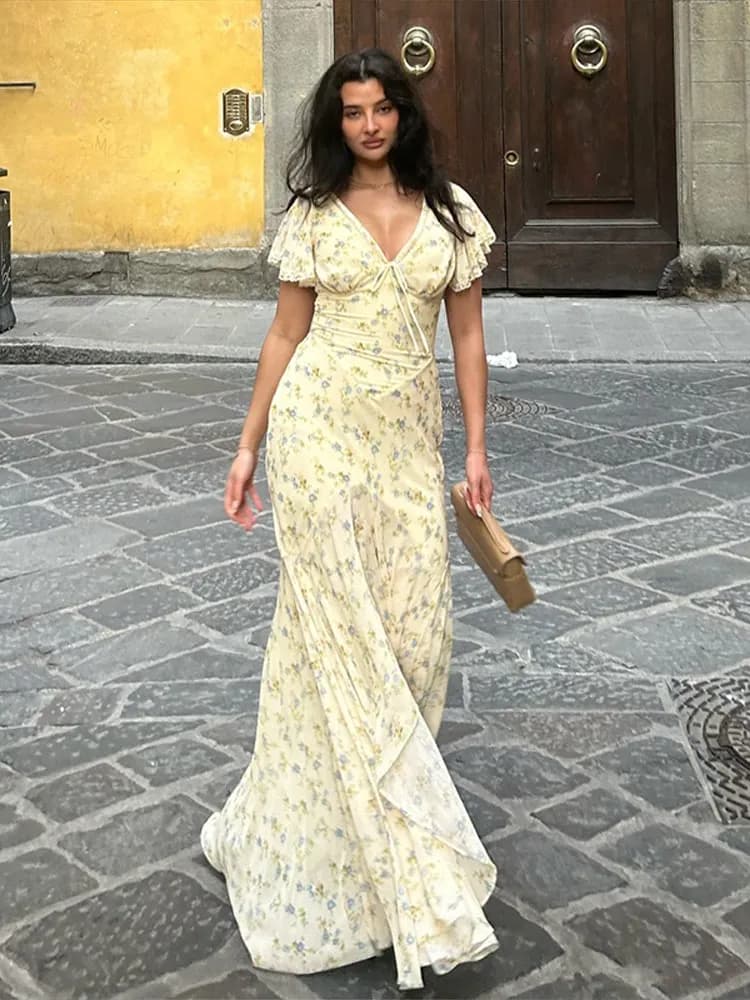 Summer Women's Print Long Dress Beach Short Sleeve Lace Up V-neck Floral A-line Female Dresses 2026 Holiday Lady Robe New