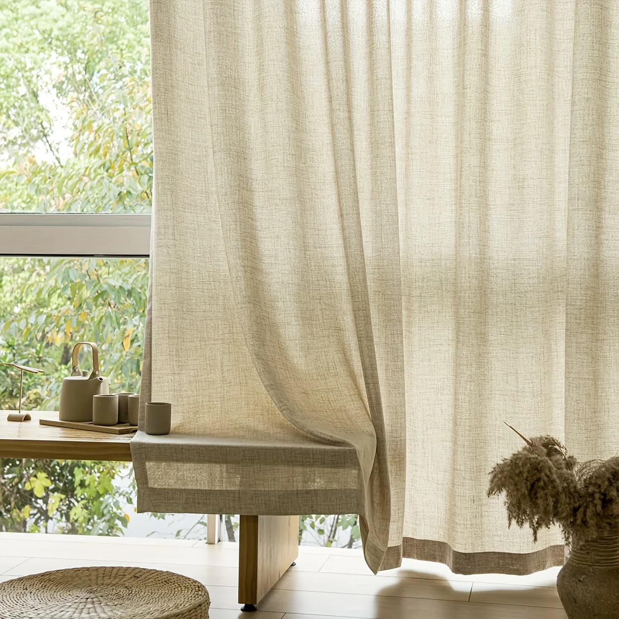 Tenda semi-oscurante beige in stile giapponese, effetto lino, filtrante la luce, per soggiorno, camera da letto, balcone, decorazioni per la casa