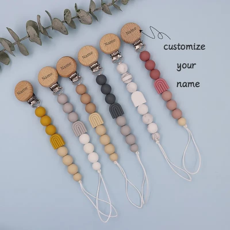 Clip per Ciuccio Personalizzata con Perline Arcobaleno, Catena Portaciuccio in Silicone Tinta Unita, Catena Massaggiagengive