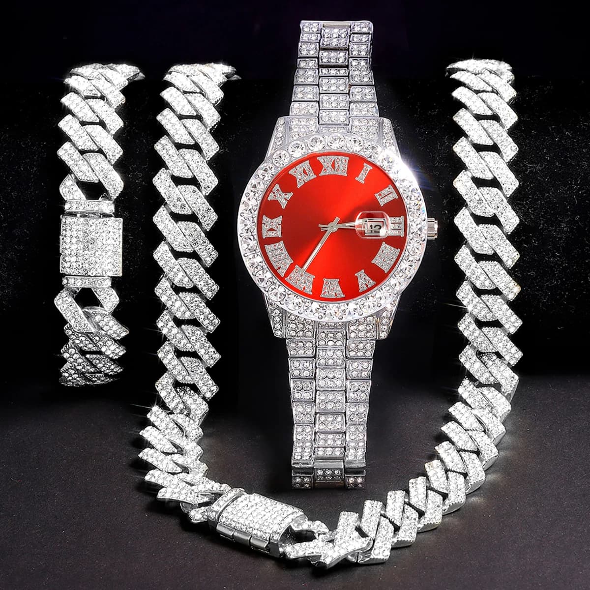 Set di orologi in argento da uomo 3 pezzi Orologio con diamanti intarsiati punk hip-hop + catena cubana + braccialetto Viene fornito con regolatore di cinturino Regalo di gioielli alla moda
