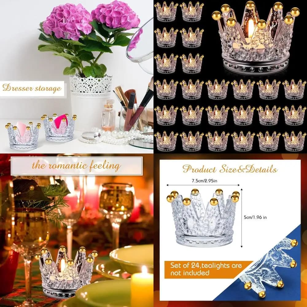 Set di 24 Portacandele Votivi in Vetro Trasparente a Forma di Corona con Perline Dorate per Centrotavola Matrimoniali e Feste