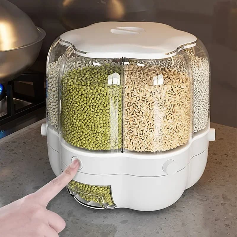 Contenitore per la conservazione della cucina Contenitore per alimenti grande 360 ° Barili di riso rotanti Dispenser di cereali sigillato Scatola di cereali per serbatoio di riso