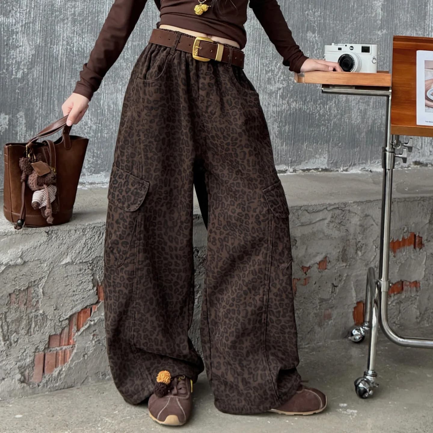 Fashion Autumn Girl Street Leopard Print Cargo Pants With Belt Luxury American Kids Child Loose Straight Leopard Pocket Trousers