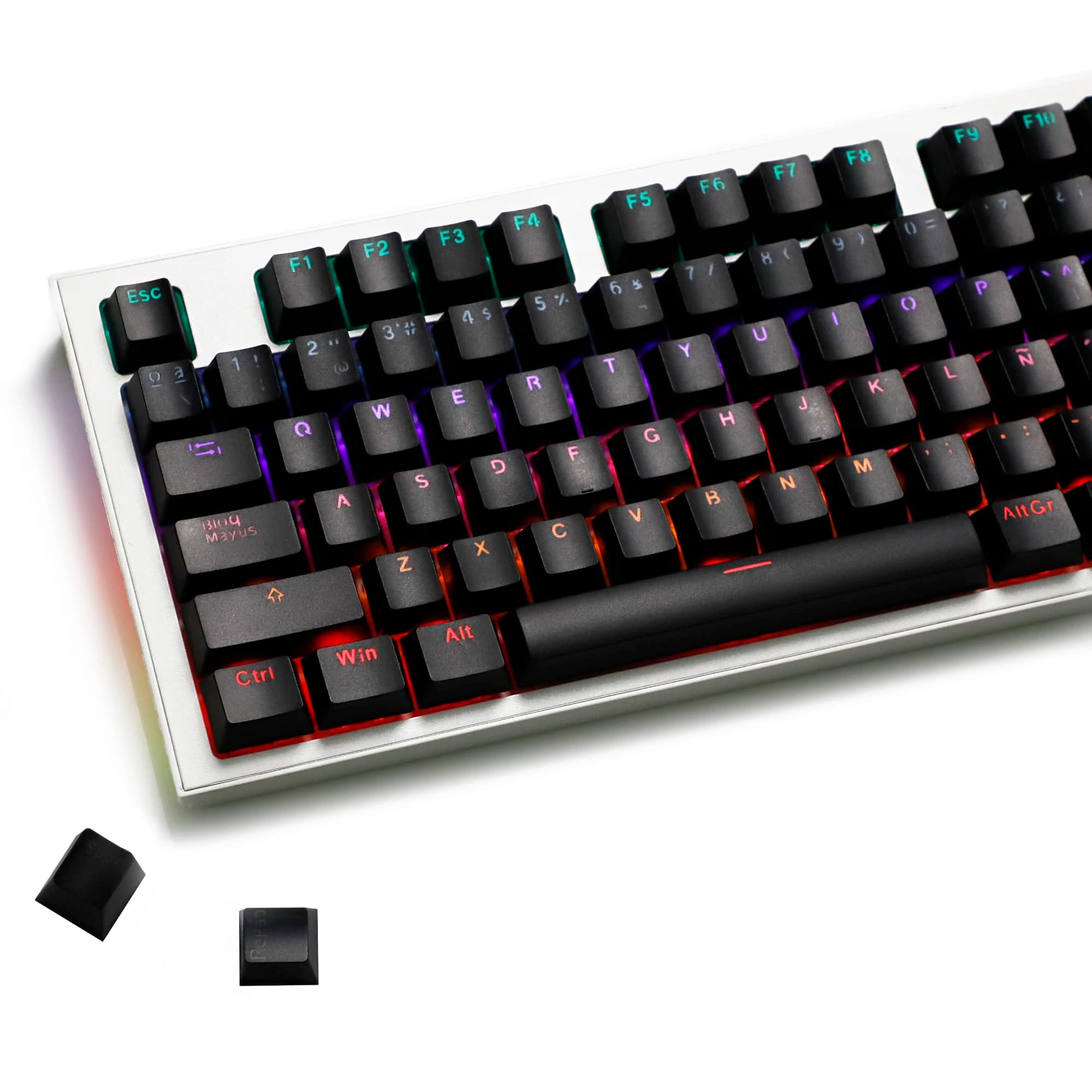 Set of 132 Retroilluminated Keyboards in Spanish, OEM, Black and White Profile, Minimalists, Double Shot for Mechanical Keyboards 68/75/87/98/104/108 MX