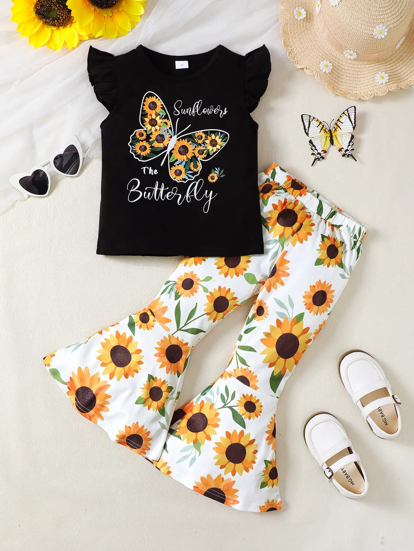 T-shirt a maniche corte e pantaloni svasati da bambina in due pezzi Casual Comfort senza maniche con motivo floreale in stile estivo