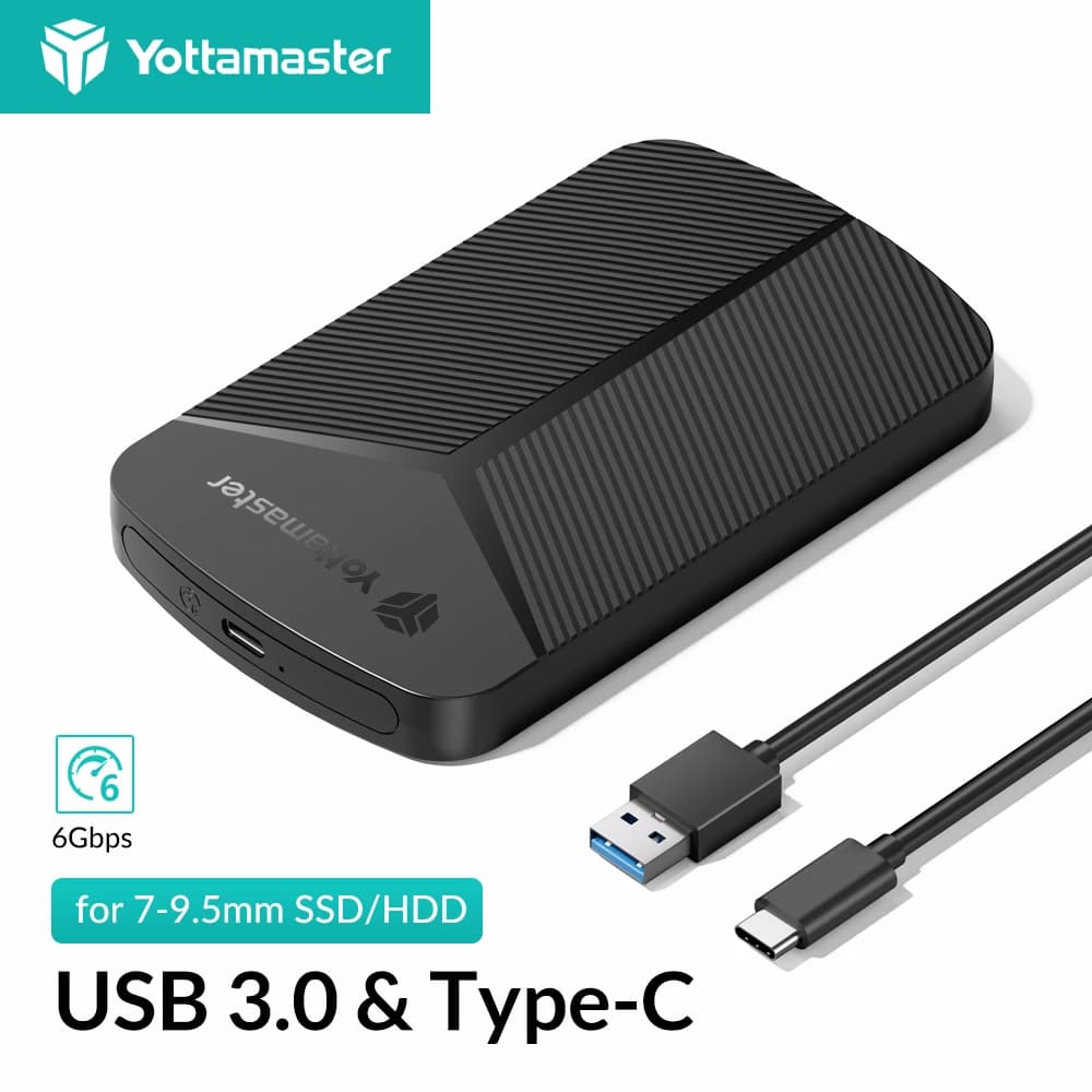 Yottamaster Custodia per HDD da 2,5 pollici SATA a USB 3.0 Tipo-C Custodia per disco rigido esterno Velocità 6 Gbps SATA SSD Custodia per HDD Scatola di immagazzinaggio da 6 TB