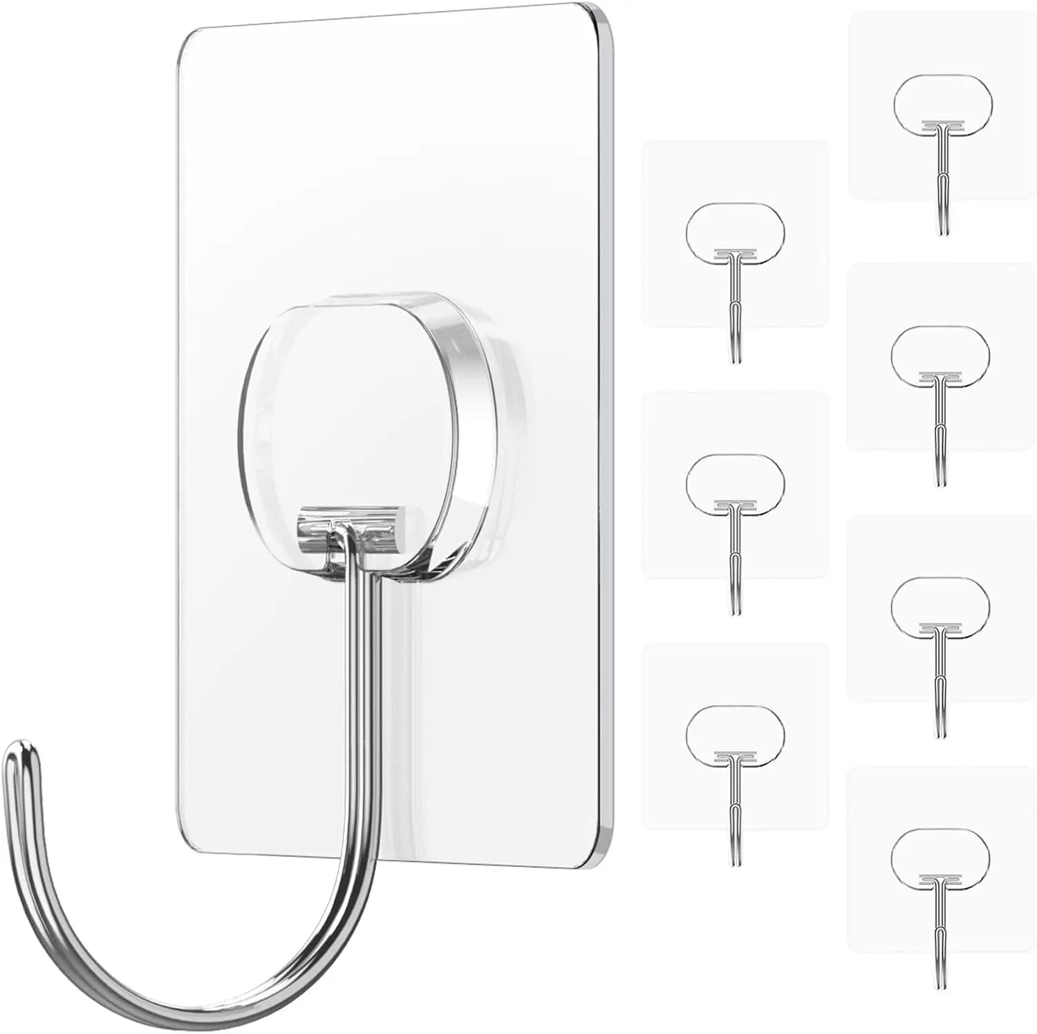 Adhesive Wall Hooks 13LB Heavy Duty No Drill Large Transparent Waterproof Hooks for Bathroom Kitchen Towel Coat 8 Pack