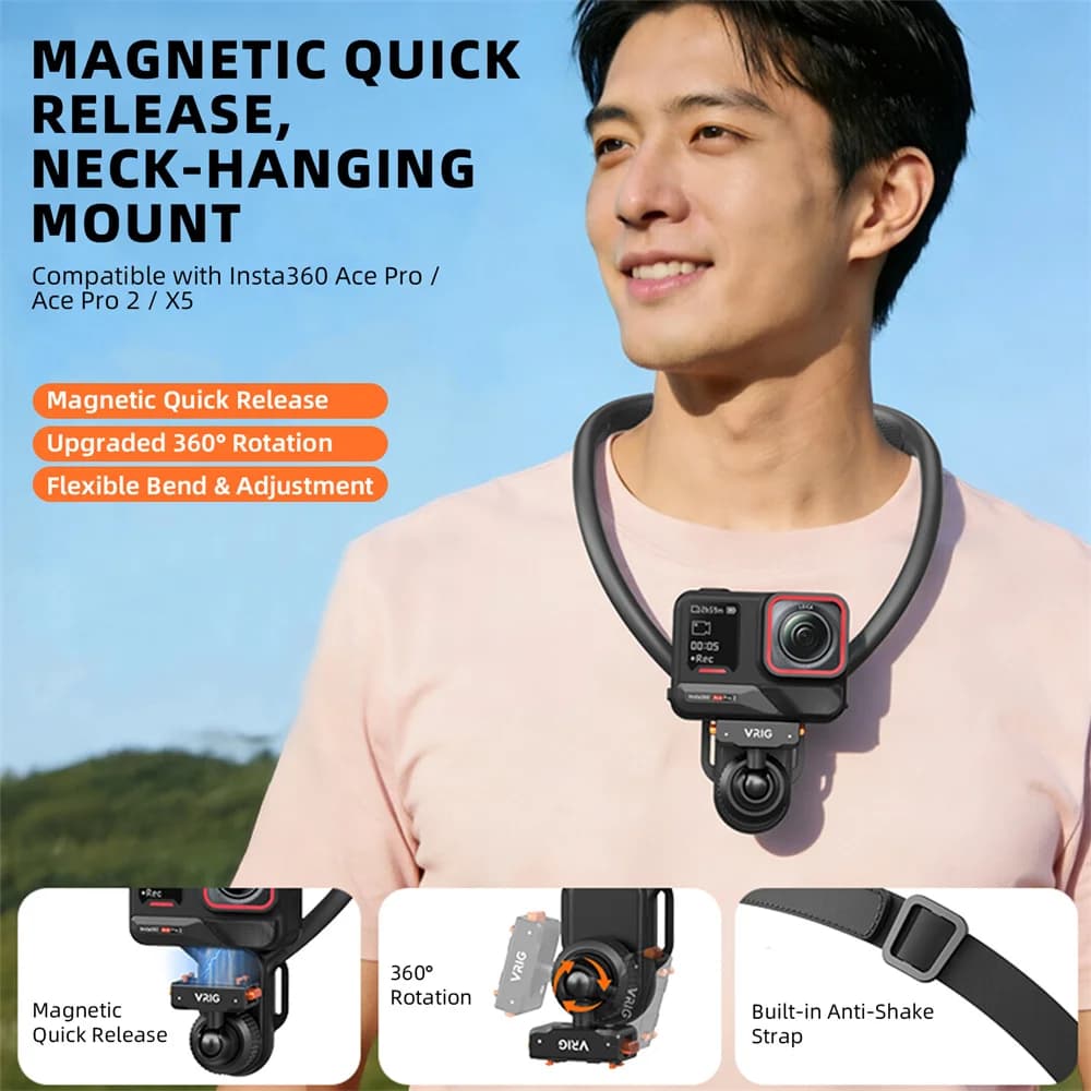 VRIG AC-82 Supporto Magnetico da Collo e Pettorale per Insta360 Ace Pro 2 X5, Supporto POV a Sgancio Rapido, Accessori per Action Camera