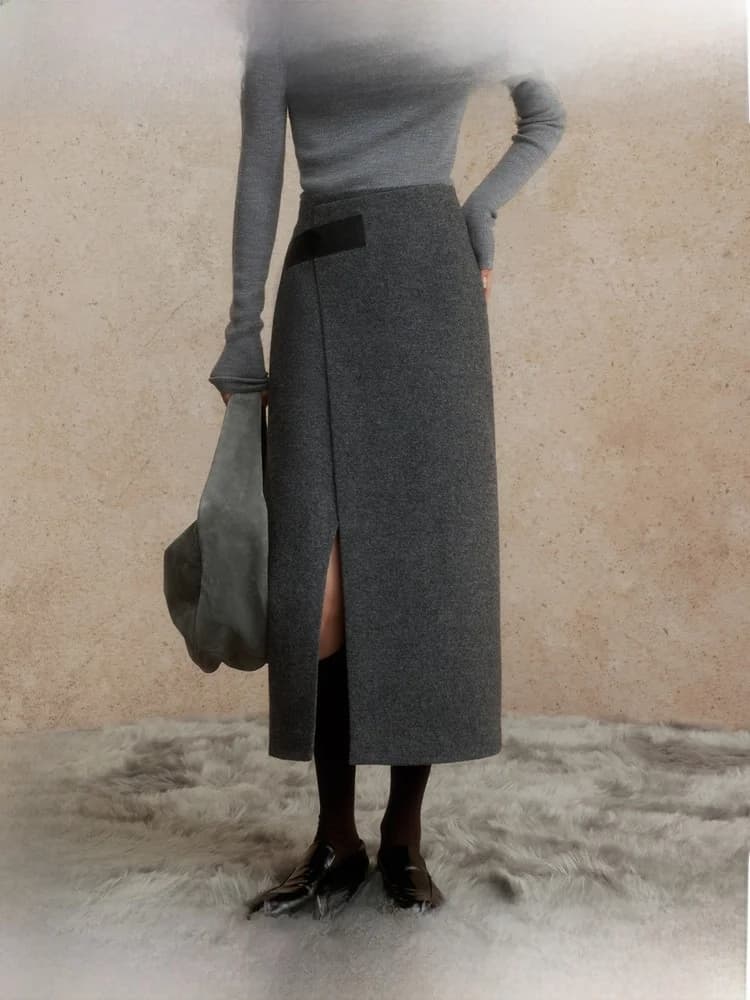 Gonna Midi a Vita Alta con Design Asimmetrico e Bottoni, Stile A-Line, per Donna, Invernale, Modellante, Adatta per il Lavoro, alla Moda