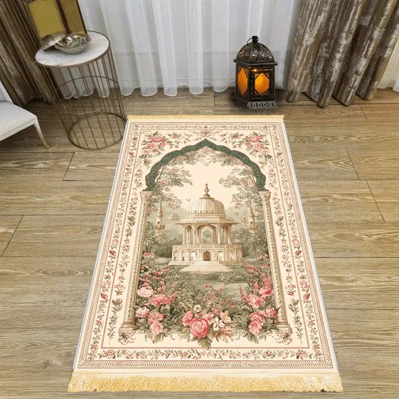 Tappeto da preghiera islamico di lusso VIKAMAL, adatto per il culto musulmano, rettangolare, per l'ingresso di casa, il soggiorno e come tappeto da culto.
