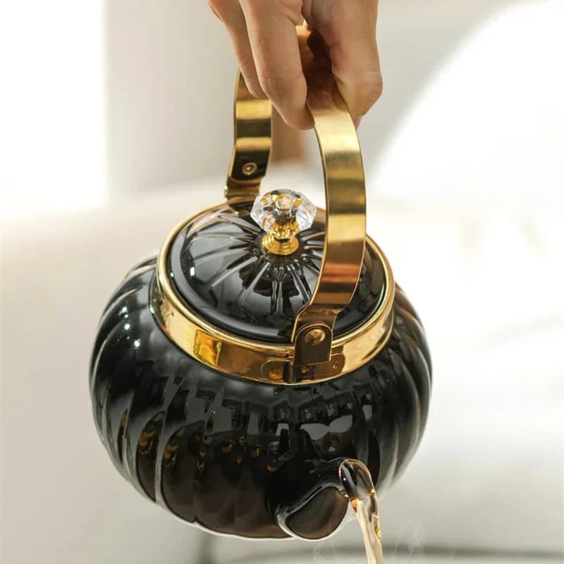 Pumpkin Shape Water Kettle 1.6L Electric Ceramic Cooktop Gas Stove Tea Pot with Infuser Stainless Steel Teapot for Home Kitchen