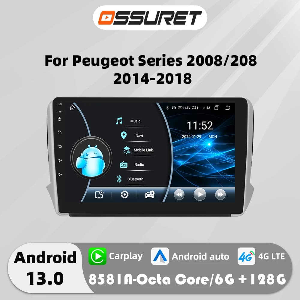 Androd 13 autoradio GPS Stereo Per Peugeot 208 2008 2014-2018 lettore video multimediale 4G Autoradio Carplay 2din Unità principale Schermo