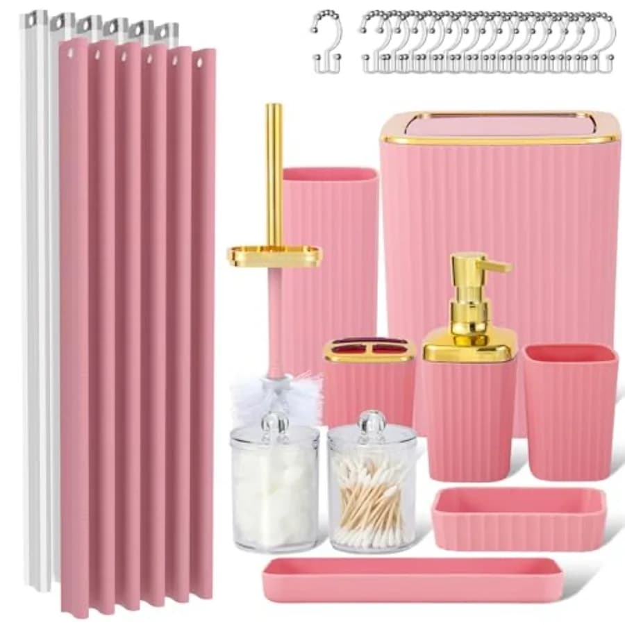 Set Bagno Rosa 23 Pezzi, Set Accessori Bagno Rosa con Tende Doccia, Cestino, Porta Spazzolino, Dispenser Sapone