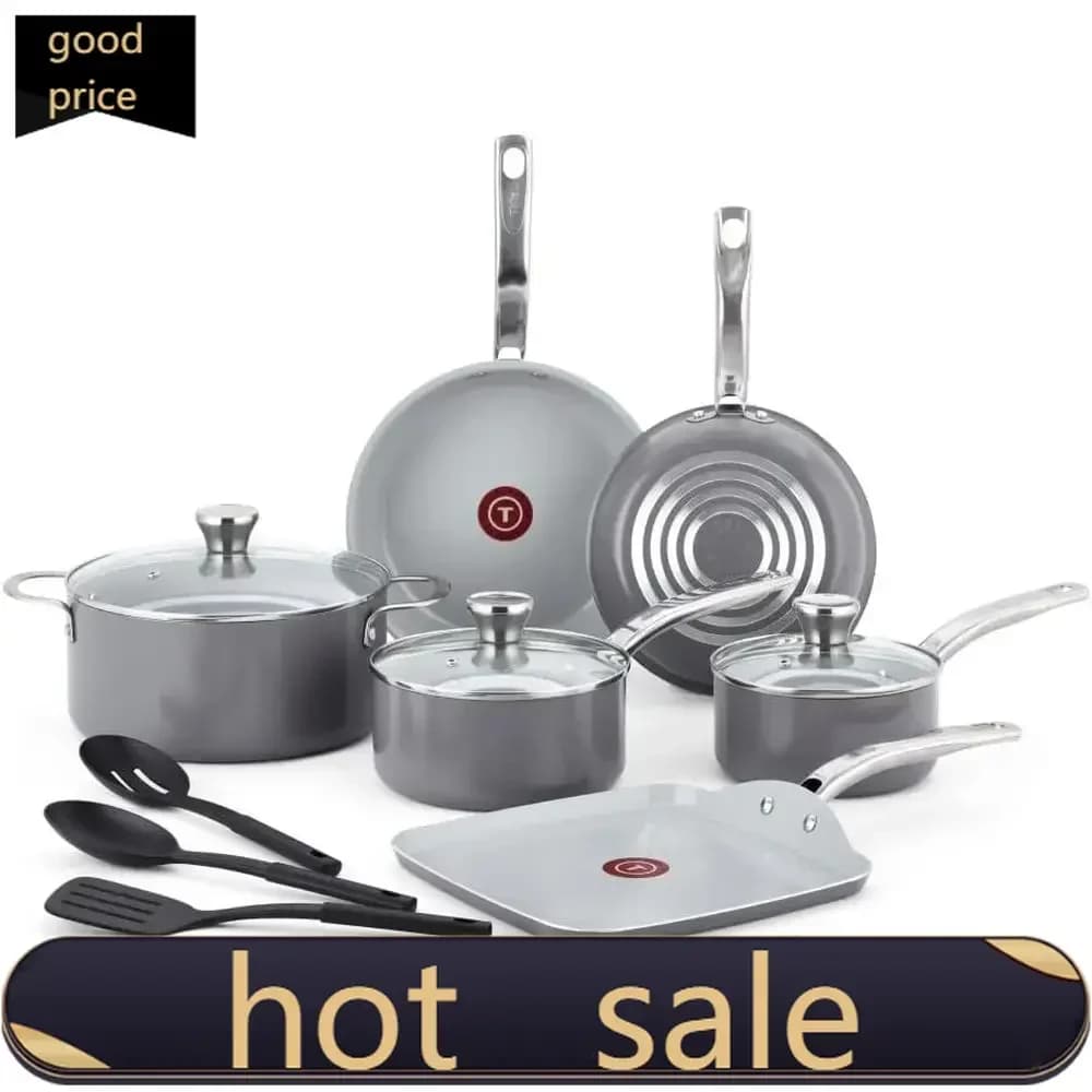 Set di pentole antiaderenti riciclate da 12 pezzi Activity Price 5Popular, con padelle, ciotole, pentola olandese e utensili, grigio