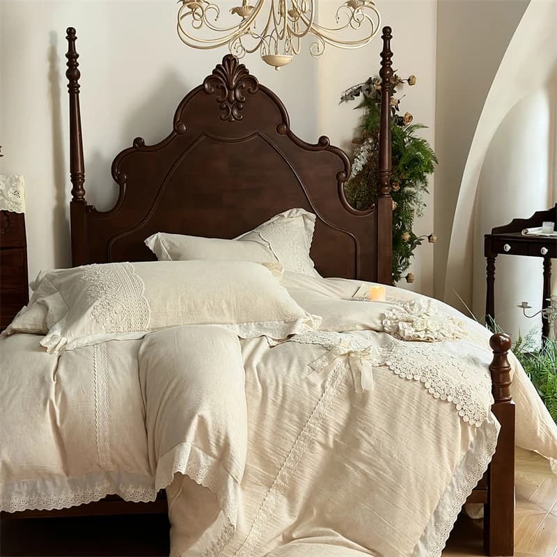 Set of princess bed linen with bow made of cotton and natural linen, queen size king size double bedspread, flat/with corners, pillowcase, 4 pieces