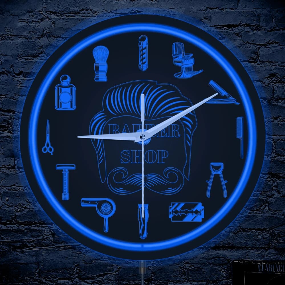 Barbiere Orologio da parete con struttura in metallo con logo al neon rosso per uomo, grotta, barbiere, cartello aziendale, orologio da parete al neon flessibile illuminato