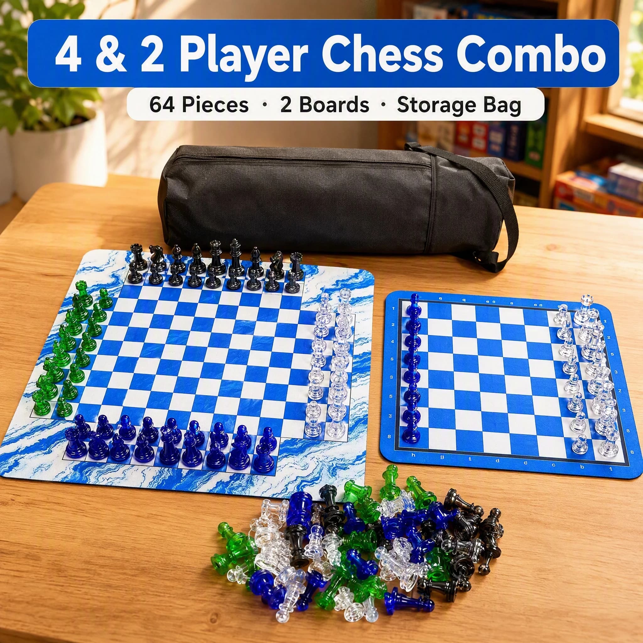 2-4 Player Chess Set, with 64 pcs (4 different colors) Chess pieces, 2 size Chess mats with black carry bag, for Christmas gift