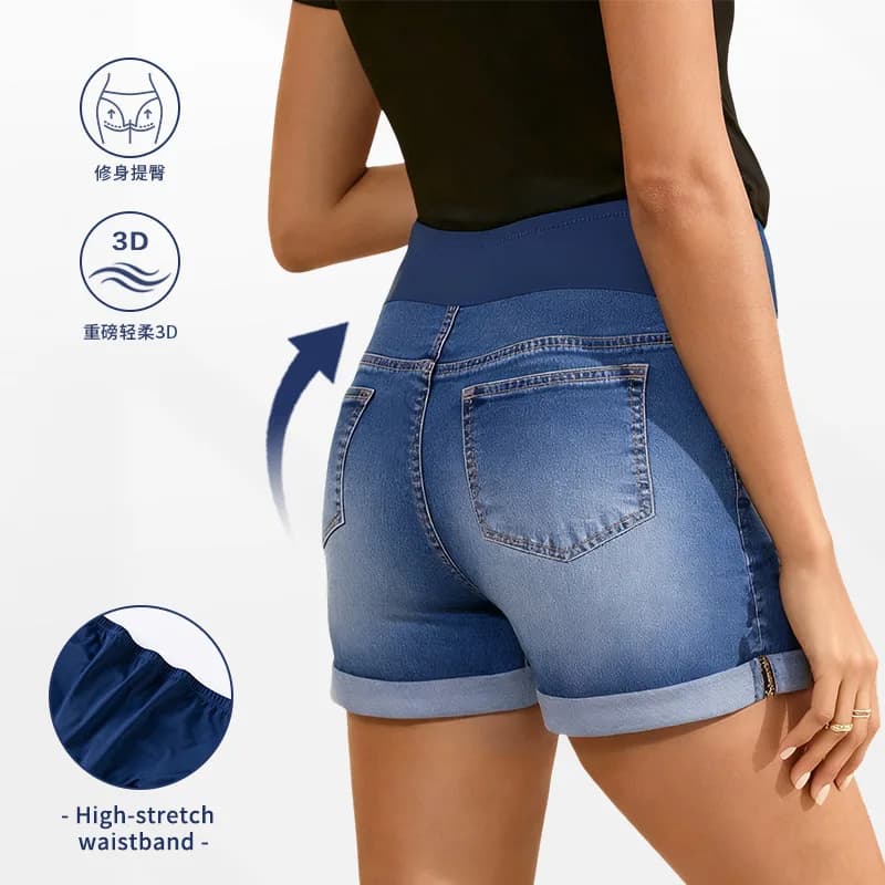 Pantaloncini Premaman Estivi da Donna in Denim con Orlo Arrotolato e Supporto per la Pancia, Abbigliamento Casual alla Moda