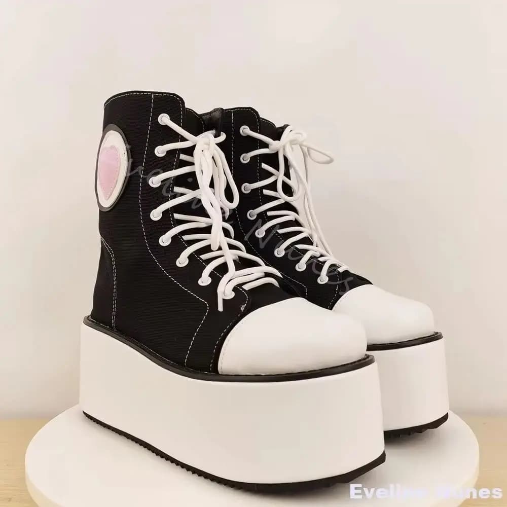 High Canvas Shoes With Thick Sole Women's Round Shoes Crossed With Growing Height Casual Gymnastics Shoes Street Dance Couple Shoes For All Matches