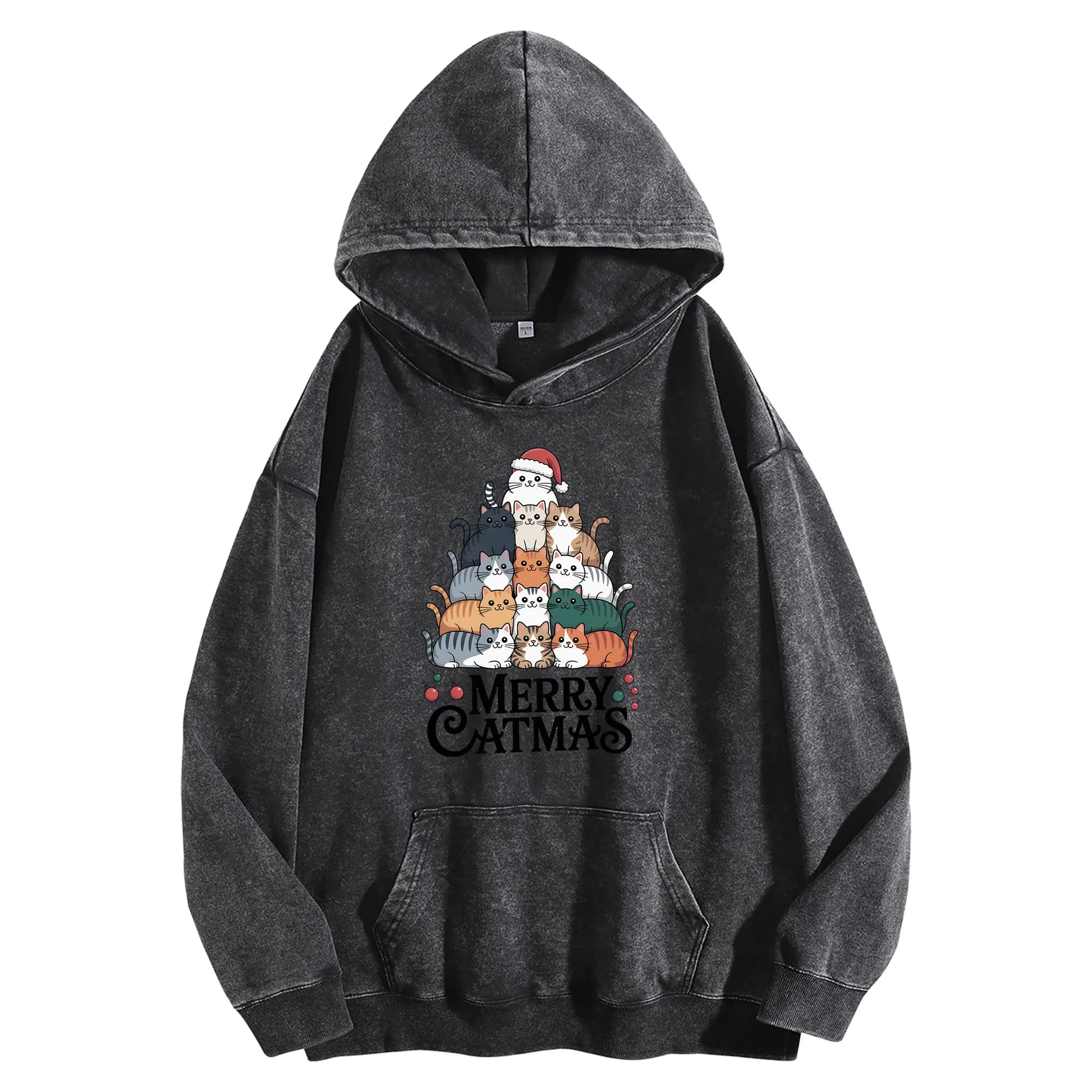 Merry Catmas Vintage Graphic Hoodie 400G Pullover Streetwear Oversize Unisex Christmas Gift and New Year's Eve