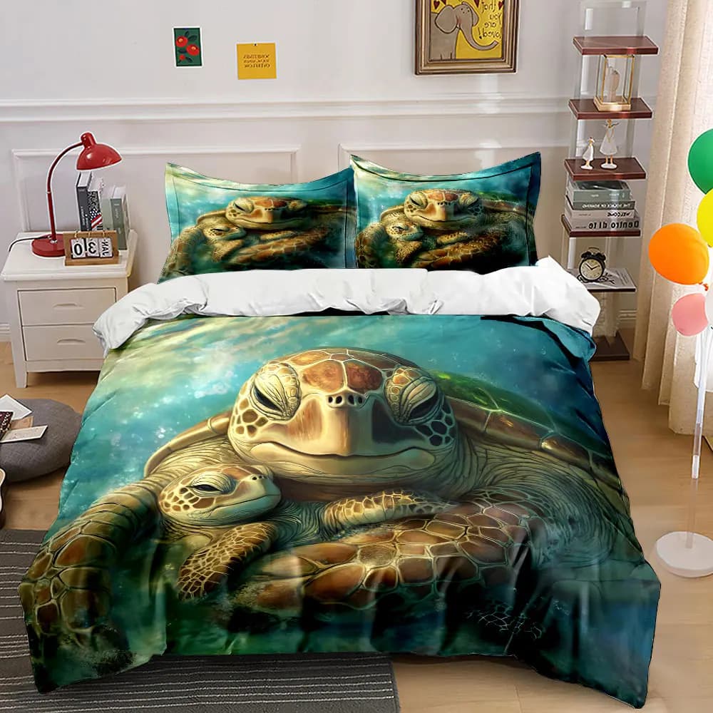 Tartarughe sott'acqua, che si abbracciano. Set di Biancheria da Letto Stampata: 1 Copripiumino e 2 Federe per Adulti e Bambini, Regalo di Lusso, Misura Completa