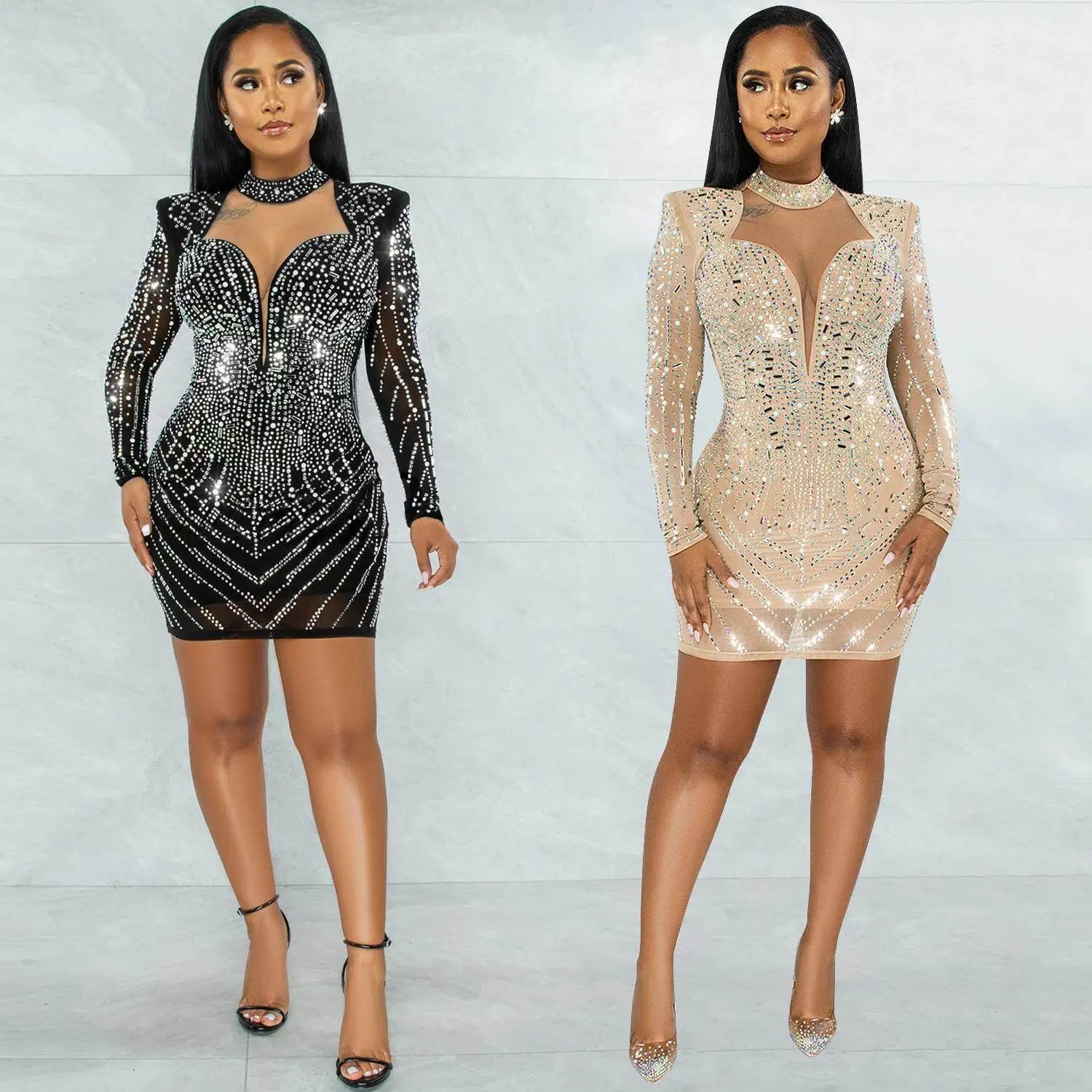 Fashionable Sexy Deep V Nightclub Evening Dress Long Sleeve Mesh See through Women's Clothing Glittering Rhinestones Party Dress