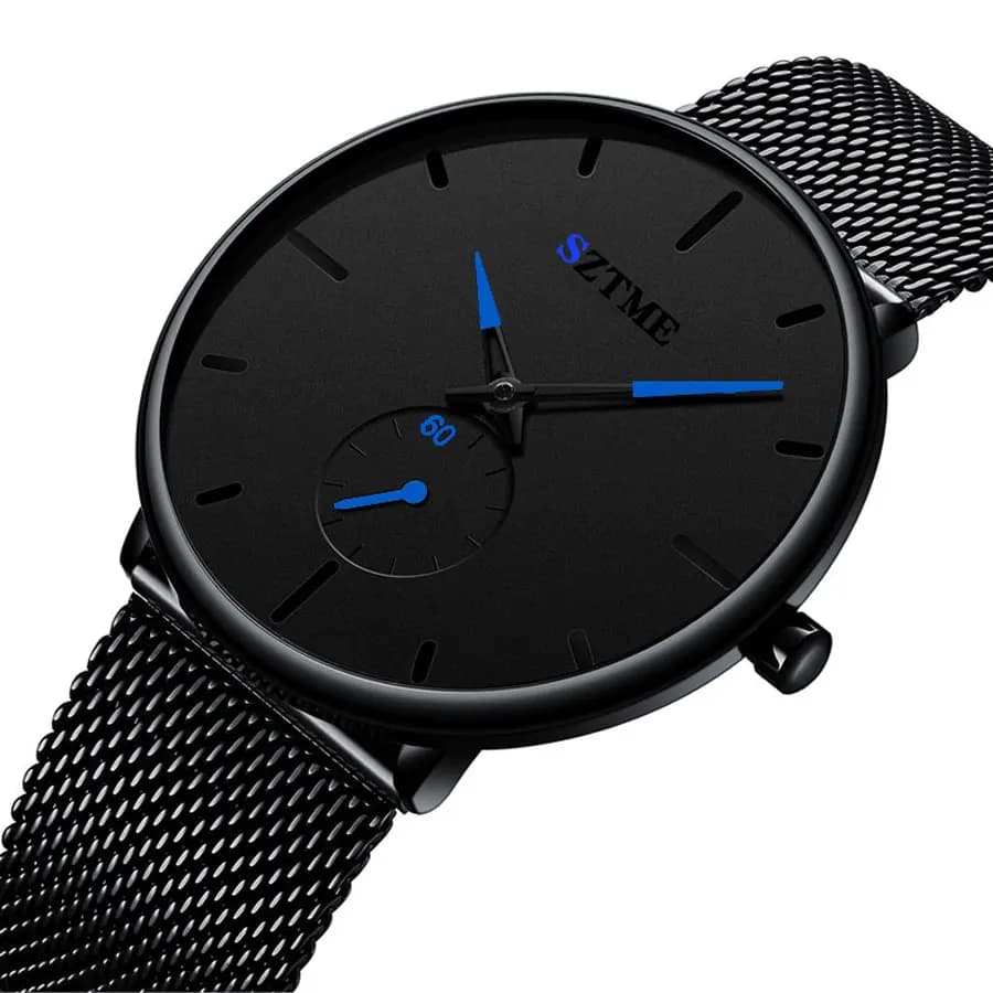 Orologio da uomo ultrasottile britannico alla moda con cinturino in rete, orologio al quarzo con ago blu casual e freddo per uomo