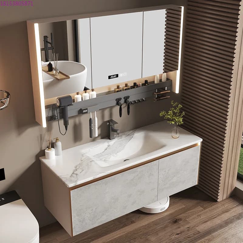 Combinazione di mobili da bagno intelligenti con lavabo abbinato a colori con lastra di roccia curva a caldo