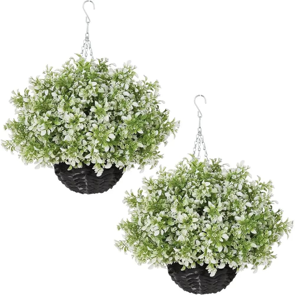 2 piante artificiali di bosso da appendere con foglie di eucalipto resistenti ai raggi UV per decorazioni da esterno (bianco-verde)