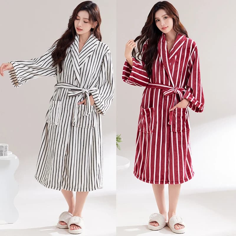 Winter Flannel Night Shirt Women's Dress with Striped Coral Fleece Hood Kimono Nightwear Addensed Hot Home Dress Pigiama