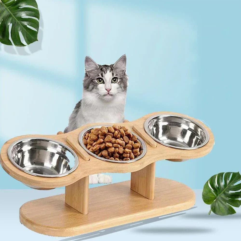 Wooden Elevated 3 Bowls Pet Feeder Stainless Steel Cat Food Water Bowl Stand Raised Feeding Station for Cats Small Dogs