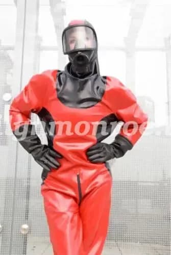Lattice 100% Gomma Gummi Anzug Suit Catsuit Ganzanzug Rosso e Nero senza guanti maschera