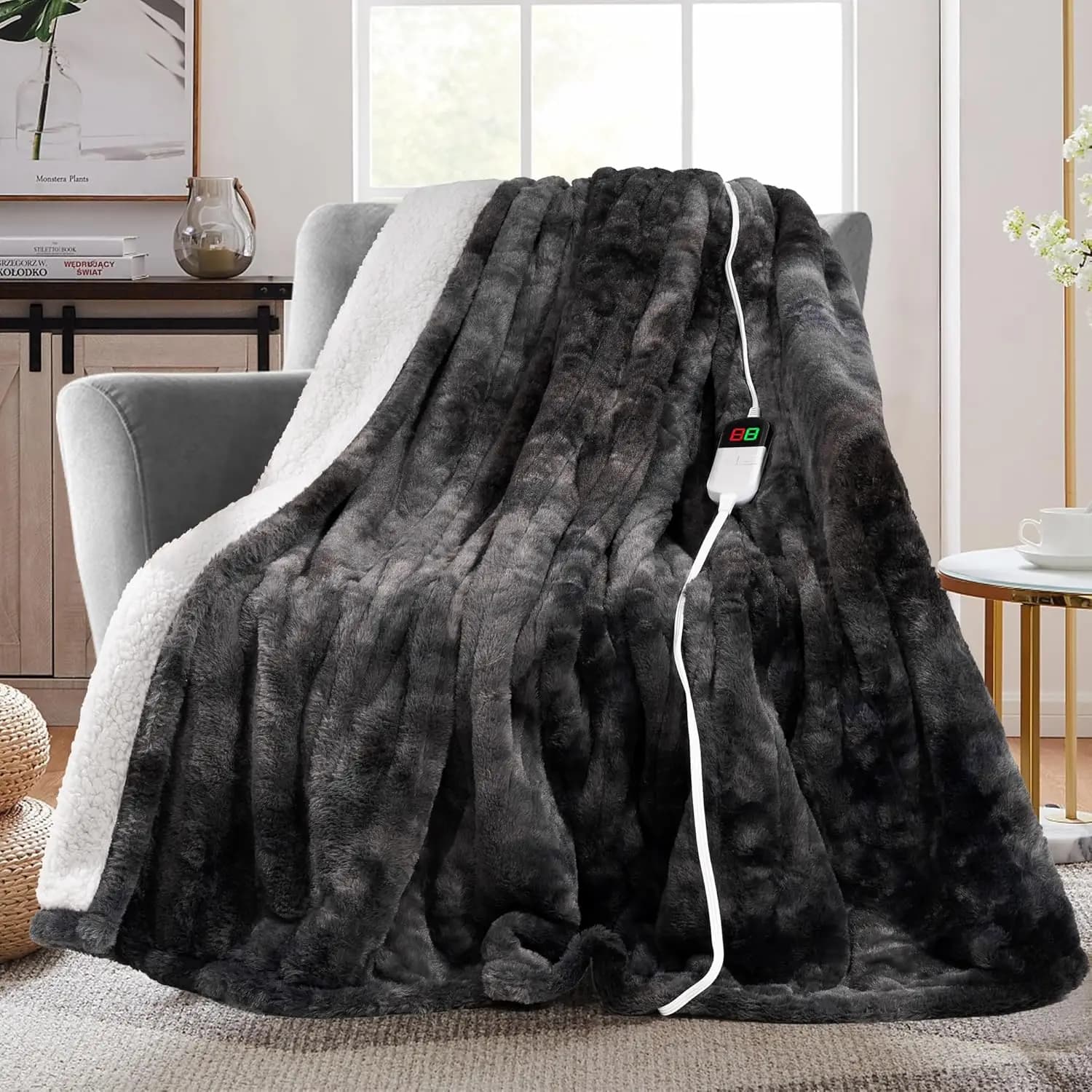 Coperta elettrica riscaldata con 8 livelli di riscaldamento, spegnimento automatico e pelliccia Sherpa lavabile, certificata ETL