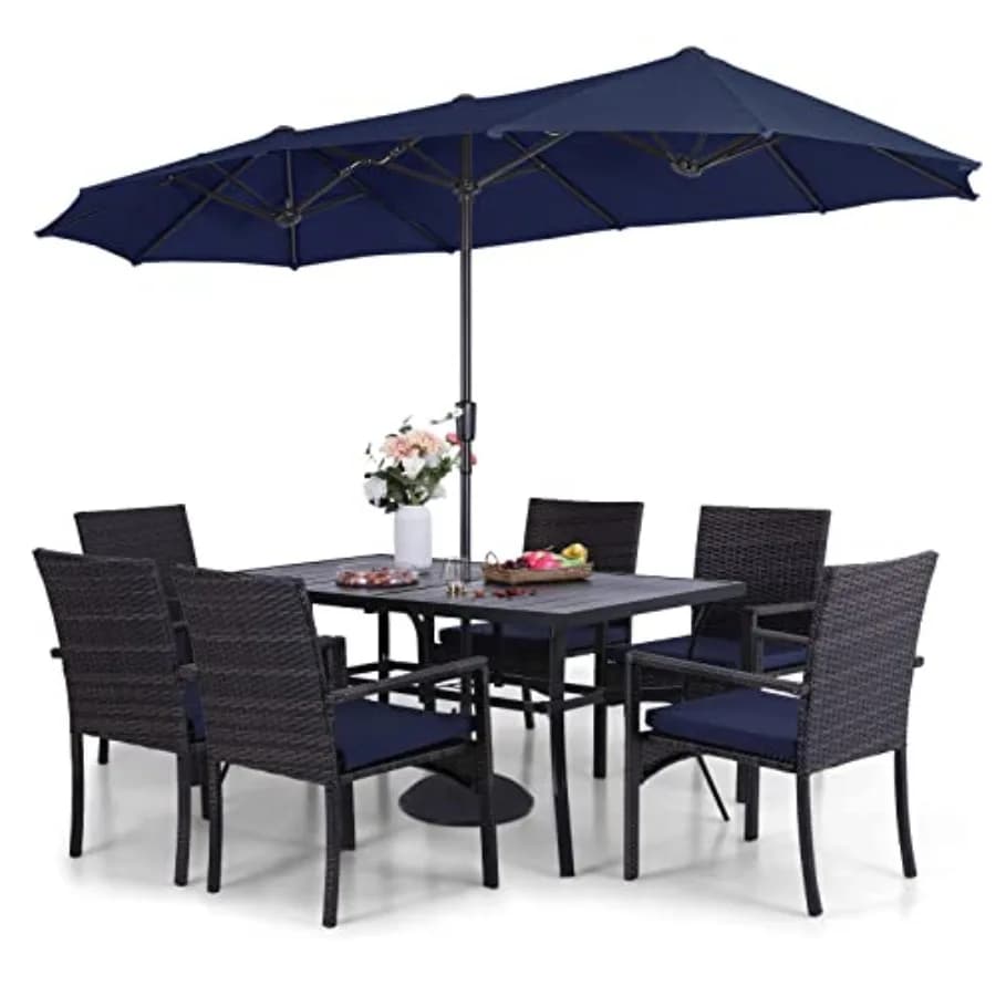 Set da Pranzo da Esterno in Metallo Blu Navy per 6 Persone con Ombrellone, Set Tavolo e Sedie da Esterno a 7 Pezzi con Sedie in Rattan Imbottite con Foro per Ombrellone