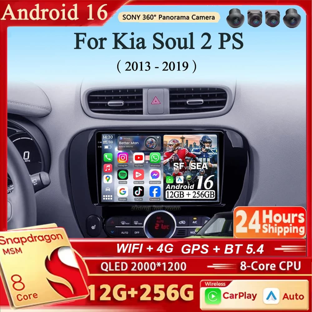 Autoradio Android 16 con Carplay e Auto, Navigatore Multimediale Stereo QLED 4G per Kia Soul 2 PS 2013 - 2019