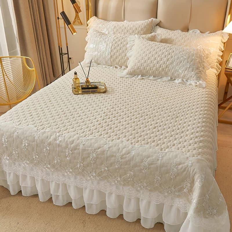 Gonna da letto in pizzo trapuntato spesso tinta unita Stile europeo 245x250 cm Copriletto Biancheria da letto Tinta unita King Queen Size