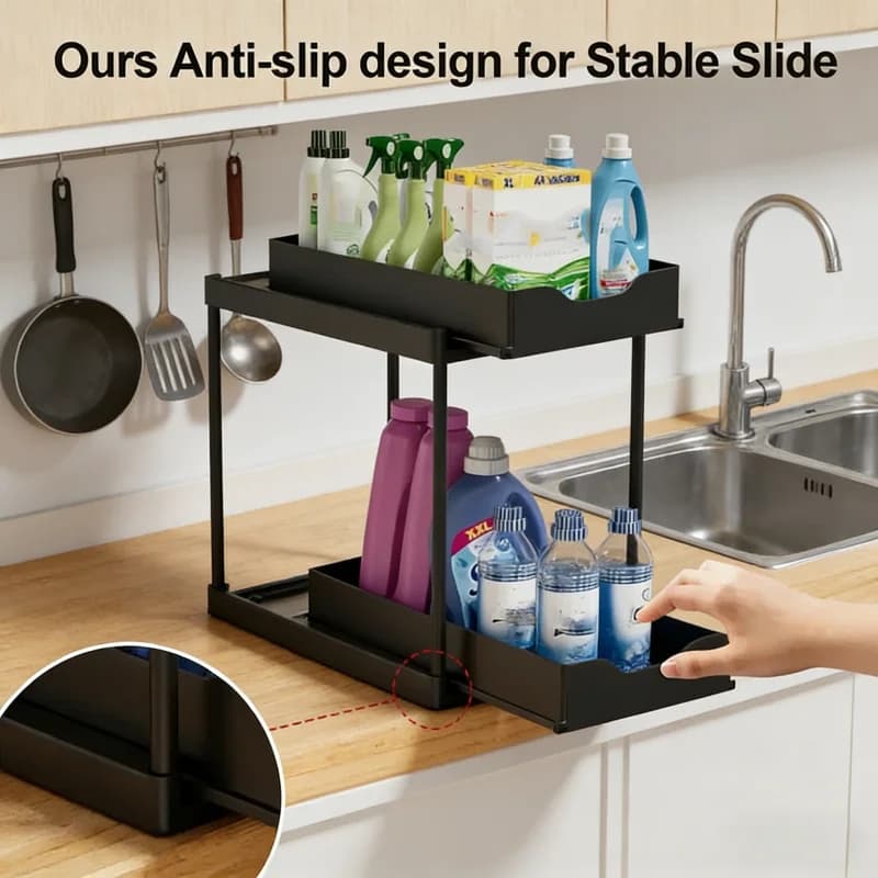 Organizzatore Estraibile a Doppio Strato Sotto Lavello, Scaffale Portaoggetti per Cucina e Bagno con 5 Ganci, Ripiano Stabile Antiscivolo
