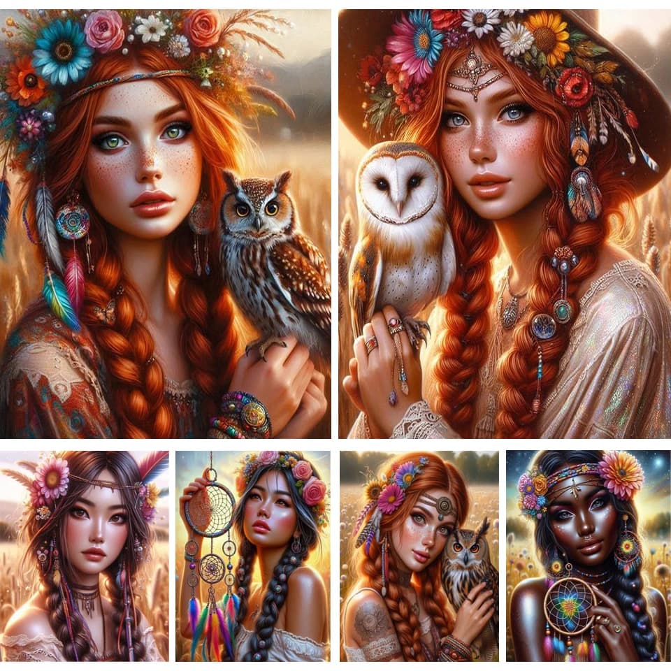 New Diamond Painting Diy Full Mosaic Embroidery Indians Woman and Owl 5D Rhinestone Kits Portrait Art Picture Home Wall Decor