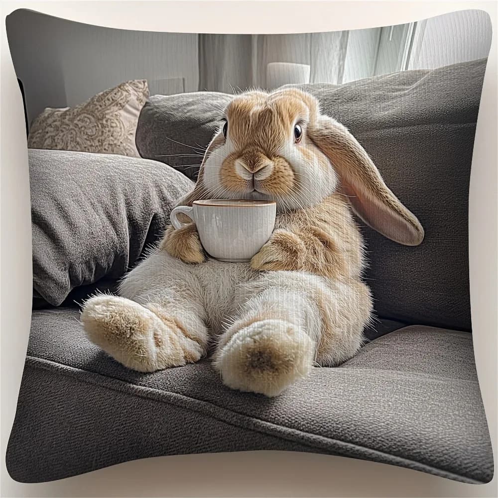 Federa per Cuscino Decorativo con Coniglio che Beve Caffè, Realistico, con Cerniera, Quadrato, per Arredamento Casa e Divano