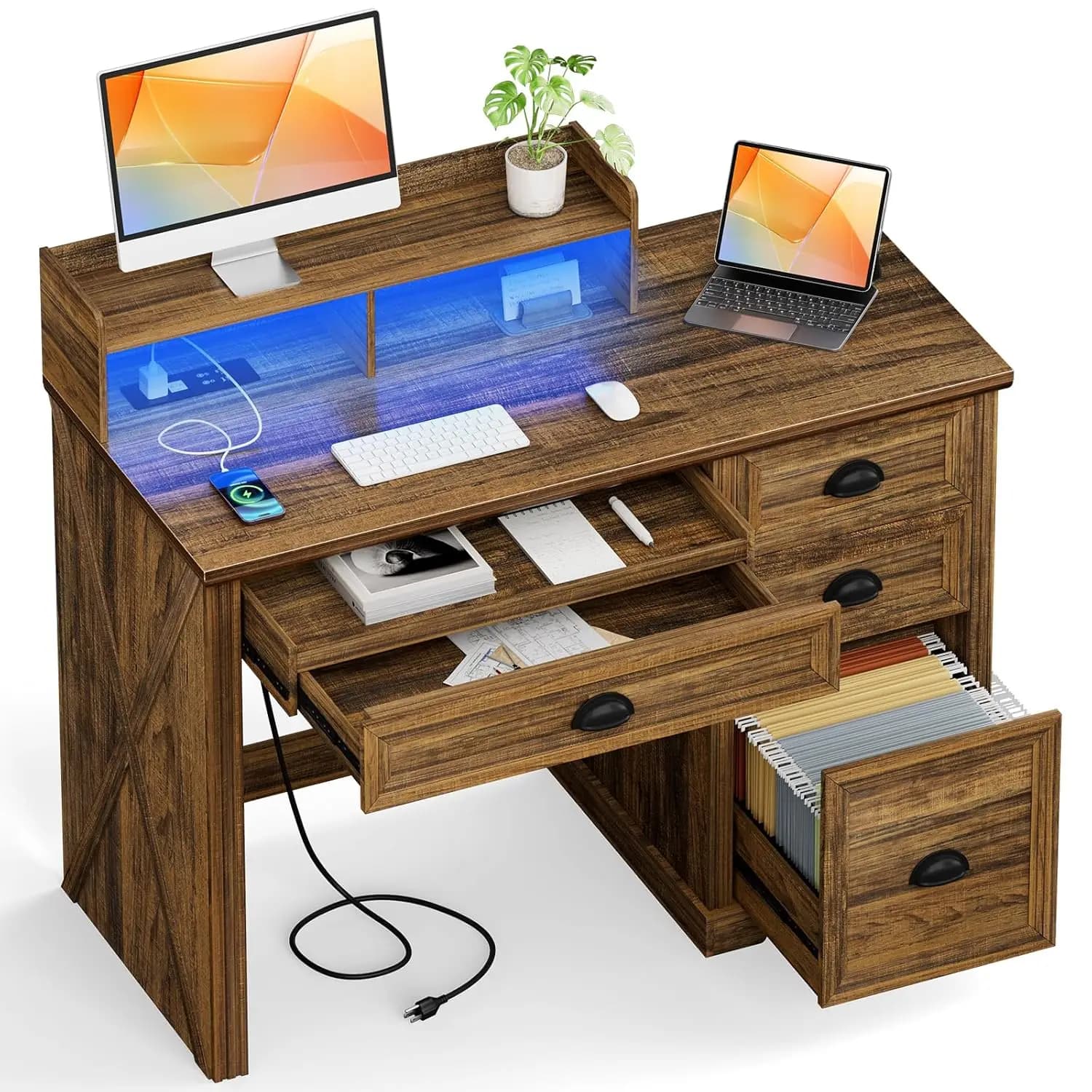 47 Inch Wood Desk with Monitor Support, LED Current Clamps, Document Cabinet, for Gaming and Studio, Walnut, Customizable