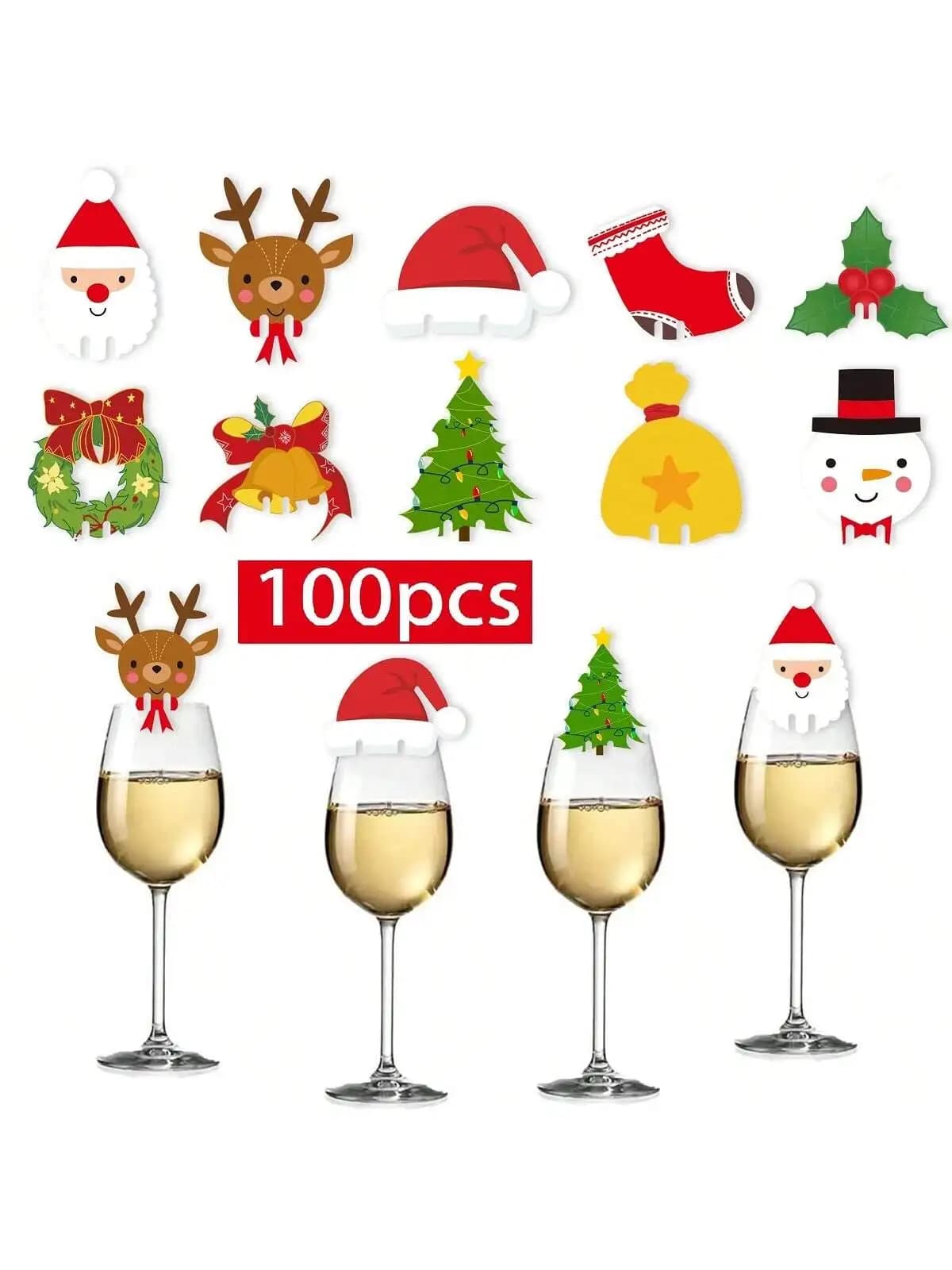 100 pezzi di decorazioni natalizie per bicchieri da vino, cappello da Babbo Natale, albero di Natale, pupazzo di neve, tazza, tavolo per la casa, luogo, decorazioni per feste di Capodanno