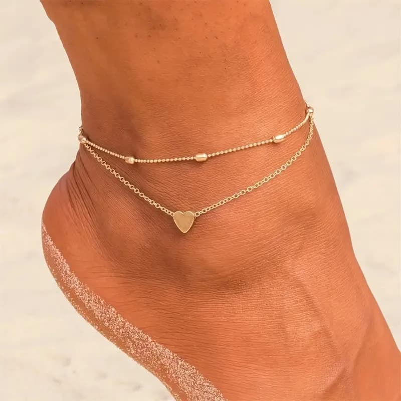 Set di 2 Cavigliere con Cuore Dorato e Perline, Braccialetto da Caviglia a Strati con Charm d'Amore per Donne, Gioielli Estivi da Spiaggia