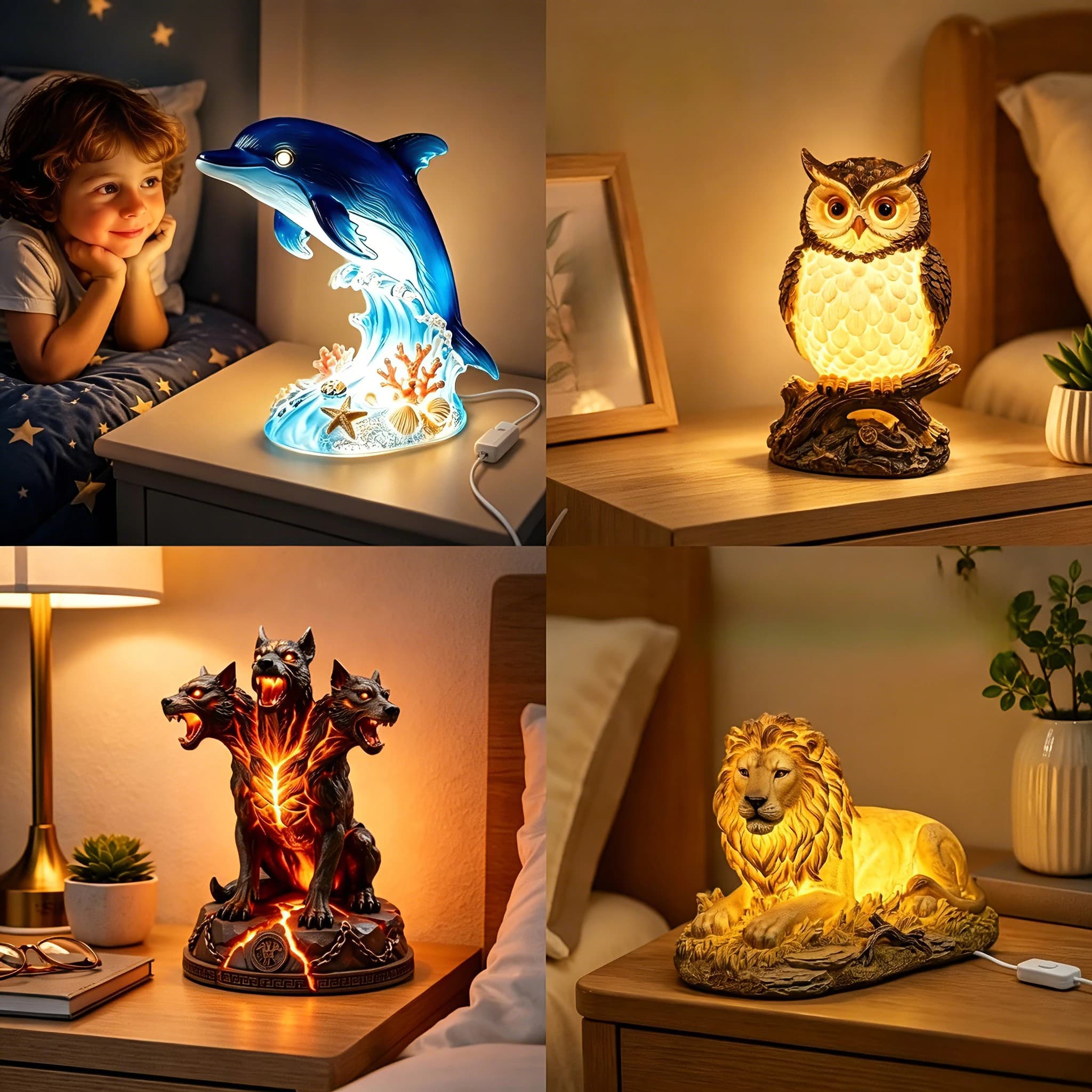 Dolphin Owl Lion 3 Headed Hellhound Night Light Animal Resin Statue Craft for Desktop Decor Bedroom Bedside Lamp Child Gift