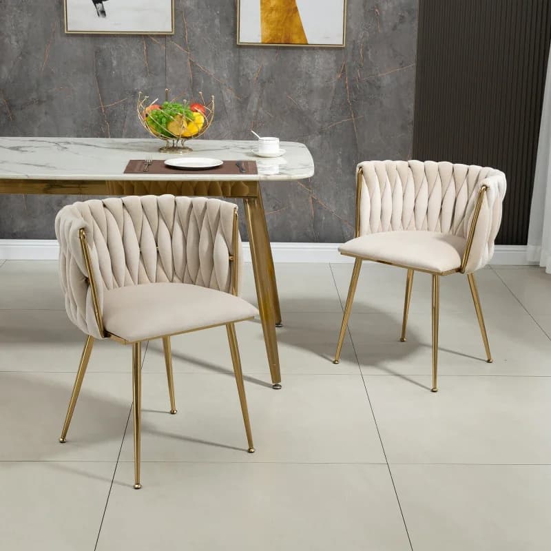 Set di sedie da pranzo moderne e di lusso in velluto con gambe in metallo dorato, design elegante e intrecciato e morbidi cuscini (set da 2 pezzi)