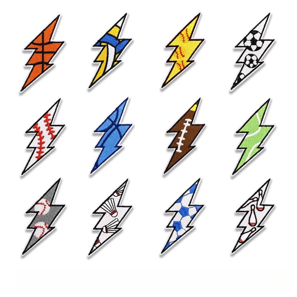 Various Ball Games Patterned Patches Lightning Shaped Embroidery Appliques with Thermal Adhesive Soccer Bowling Rugby Tennis Etc