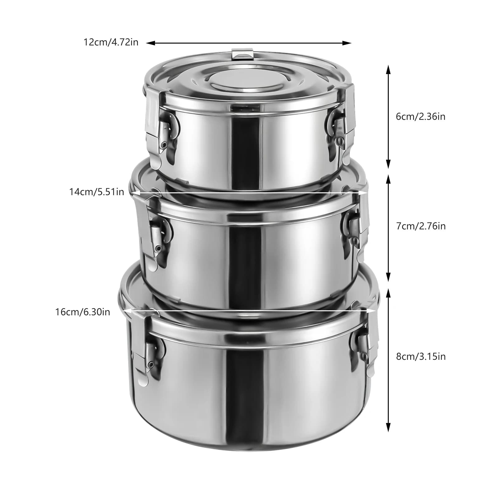 Set di 3 Contenitori per Alimenti in Acciaio Inox Riutilizzabili (650ml, 1000ml, 1600ml) con Coperchio