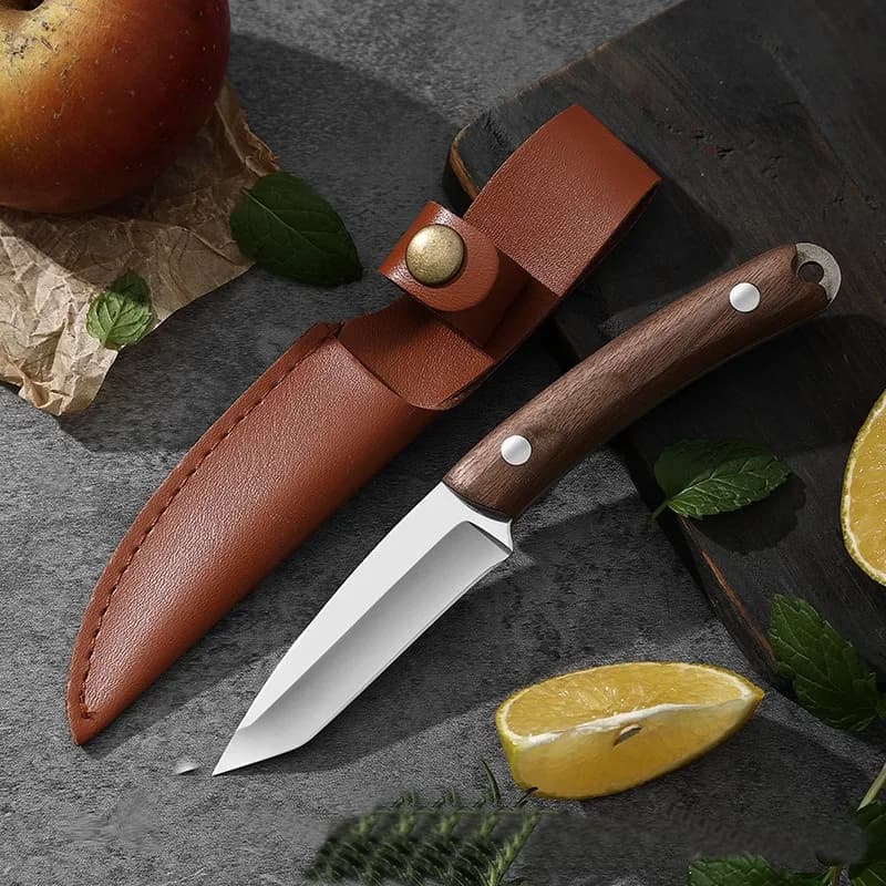 Coltello per barbecue a base di carne con manico in legno massello + acciaio inossidabile per tagliare la frutta, la cucina, le costolette di manzo e agnello con custodia in pelle