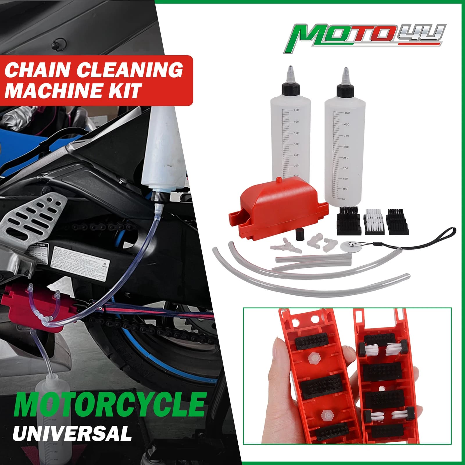 Kit macchina per la pulizia della catena Spazzola Ingranaggio Strumento per la pulizia del motociclo Catene per moto Dispositivo di lubrificazione Accessorio di lubrificazione Bottiglia da 2 pezzi